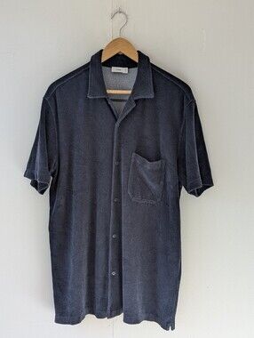 CLOSED Short Sleeve Terry Cloth Camp Collar Button Down Shirt Navy Size Medium